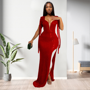 เดรสใหม่มาแรง เซ็กซี่ แขนกุด คอวี แต่งพู่ ผ่าสูง ทรงเข้ารูป เปิดหลัง แฟชั่นสำหรับผู้หญิง - Product Image 5