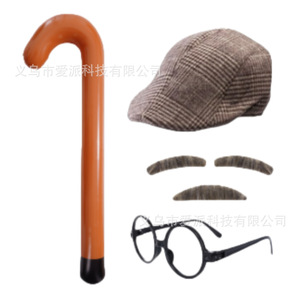 Conjunto de disfraz de caballero estilo Gatsby con sombrero británico retro, bigote, cejas y gafas para atuendo de gangster o bandido. - Product Image 1