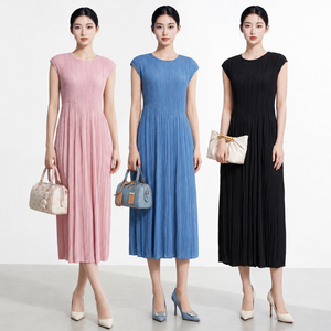 PY Women's Sleeveless Pleated Knee-Length O-Neck <b>Loose</b> Solid Breathable Pink Woven Casual Spring Autumn <b>Dress</b> - Product Image 4