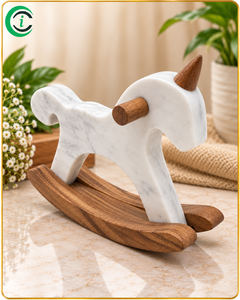 Luxuriöse CCI Marmor-Einhorn-Pferdefigur 7 Zoll Weißer Marmor mit Holzdetails Dekorative Tisch-Tierfigur für Zuhause - Product Image 1