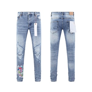 Jeans <span class=keywords><strong>Slim</strong></span> Vintage Strappati di Alta Qualità per Uomo, Pantaloni Blu da Uomo, Jeans in Denim Effetto Vissuto - Product Image 3