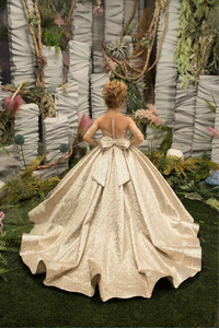 Vestido de niña de las flores dorado con mangas de ilusión, botones de lazo y falda esponjosa para cumpleaños, bodas, fiestas, damas de honor infantiles - Product Image 6