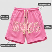 Shorts Homme Rose Personnalisés en Tissu Lourd Respirant avec Appliques en Maille, Taille Élastique et Cordon de Serrage, Poches pour Tenue Décontractée et Streetwear