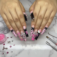 Faux ongles à presser longs, faits main, de luxe, forme cercueil, avec nœud 3D perlé, style French manucure, en acrylique, pour soirée
