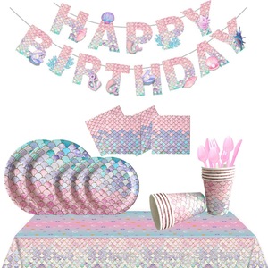 Vente en gros d'assiettes et de serviettes de table pour fête d'anniversaire sirène décorations de fête <span class=keywords><strong>petite</strong></span> sirène vaisselle <span class=keywords><strong>assiette</strong></span> en papier fourchette serviettes - Product Image 2