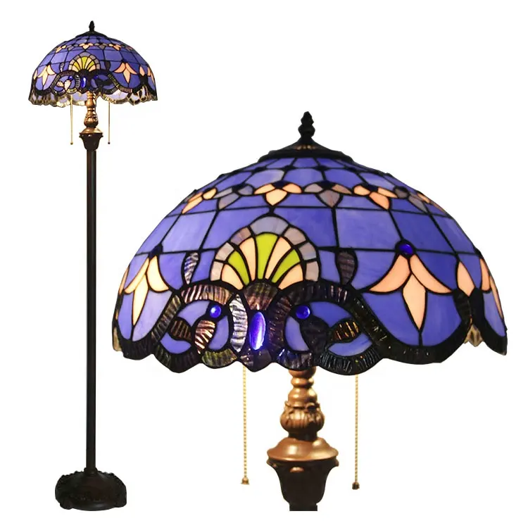 LongHuiJing Tiffany Floor Lamp LED Bright Standing Reading Light 63Inch Tall Blue Stained Glass Baroque Style Shade Floor Lights