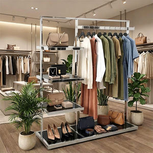 Moderno Exhibidor de Ropa de Acero Inoxidable con Estantes, Exhibidor de Pie Ajustable en Altura para Tiendas y Boutiques - Product Image 2