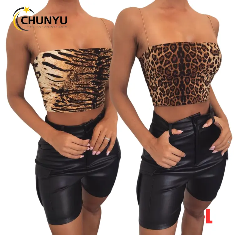 Women's Summer Sexy Spaghetti Strap Sleeveless Leopard Printed Crop Top Casual Slim Fit Party Club Streetwear