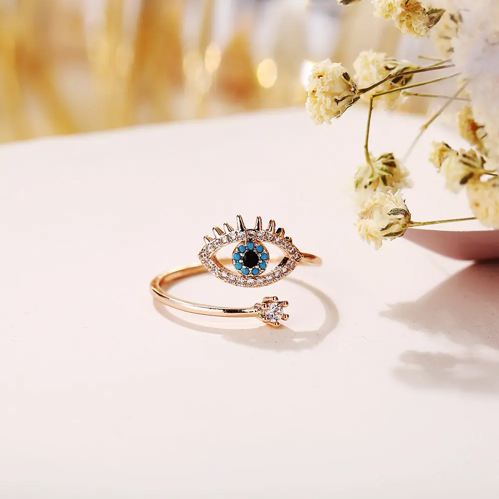 Gold Plated Rings Jewelry Women 18k Evil Eye Crystal Fashion Finger Ring Open Custom Adjustable Evil Eye Ring