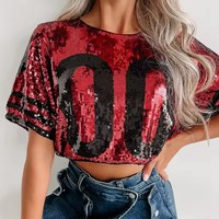 Hot Women's Y2K Cheering Squad Brillant Paillettes Col Rond Épaule Numérique Imprimé À Manches Courtes Club Chemise T-shirt