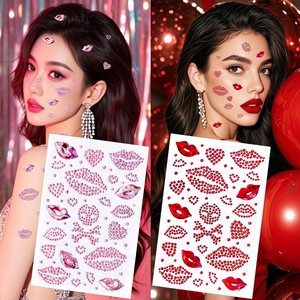 Autocollants décoratifs <span class=keywords><strong>3D</strong></span> en strass pour le visage, dernières nouveautés pour la Saint-Valentin, maquillage atmosphérique, lèvres rouges en forme de cœur, diamants en strass scintillants - Product Image 1