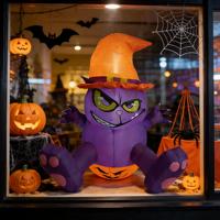 Décoration de jardin effrayante pour Halloween, chat sorcière gonflable multicolore avec chapeau orange et imprimé chauve-souris, lumières LED, 6-8 pieds, pour extérieur