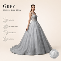 Robe de soirée formelle longue en tulle gris scintillant pour femme JINYUAN, col en V, appliques en dentelle, sans manches, ODM