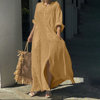 Abaya traditionnelle pour femmes du Moyen-Orient, style ethnique rétro, robe chemise en coton et lin imprimé, manches longues amples, automne printemps