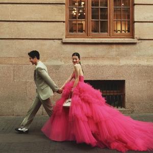 Pink Tulle Ball Gown Wedding Dress Sweetheart Neckline Natural Waistline Cake Skirt Style For Bridal Photography - Product Image 5
