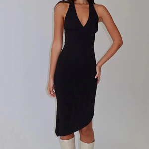 Vestido Negro Halter sin Espalda para Mujer, Ajustado hasta la Rodilla, con Dobladillo Asimétrico, Tejido Elástico, Escote en V Profundo y Lazo Trasero, Sexy y Dulce para Fiesta - Product Image 5