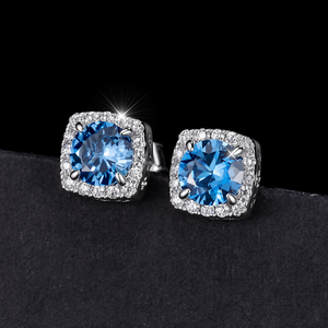 Pendientes de Flor con Circonita Azul, Plata 925, Baño de Oro Blanco, Joyería Hip Hop, Hipoalergénicos, Circonita Cúbica 5A, Piedra Azul - Product Image 1