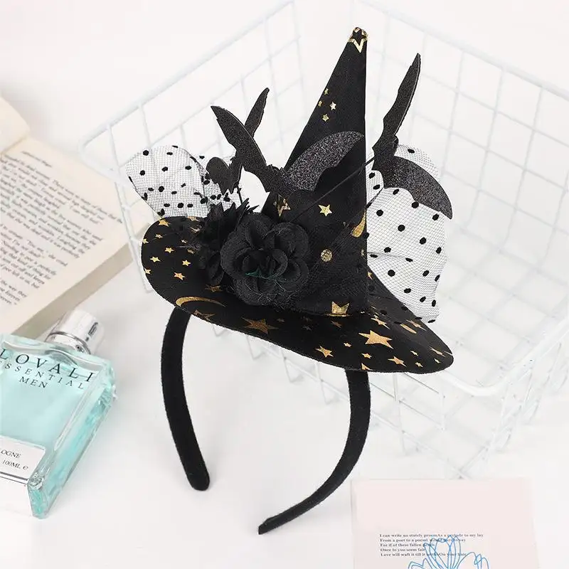 Schwarzer Hexenmütze Halloween-Kopfband mit Fledermaus Rose Mond- und Sternmuster ausgefallenes Kopfstück für Erwachsene Kinderparty Karneval