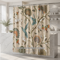 Hykiee Tirai Mandi Anti Jamur 70-79x60-69in Tahan Air Cepat Kering Dapat Dicuci Motif Bunga Daun Tanaman Burung Poliester Kamar Mandi Hotel