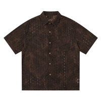 Chemise à manches courtes pour homme, à découpes et lettres, boutonnée, délavée à l'acide, effet vieilli, style streetwear grunge vintage, 100% coton tricoté