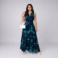 Robe longue d'été élégante pour femme grande taille, imprimé floral, col en V, sans manches, ceinture à nouer, coupe évasée à volants, style romantique pour la plage et les stations balnéaires
