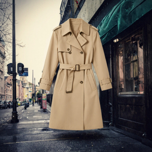 Manteau <span class=keywords><strong>trench</strong></span> <span class=keywords><strong>beige</strong></span> pour <span class=keywords><strong>femme</strong></span> avec ceinture longue, double boutonnage, coupe courte décontractée, imperméable et orné de dentelle - Product Image 3
