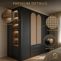 Dressing sur mesure de luxe pour chambre à coucher, finition Noyer foncé, cadre Or Champagne, porte vitrée, éclairage LED, étagère ouverte, meuble de vanité, pour villa, OEM ODM, hôtel