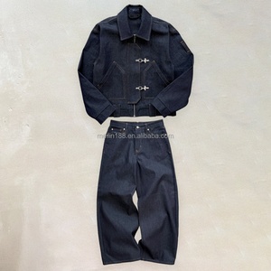 Custom Logo Firefighter Lobster Button Raw Denim Jacket and Jeans <b>Pants</b> Set Heavyweight Raw Fabric Selvedge Jeans Denim Set - Product Image 1
