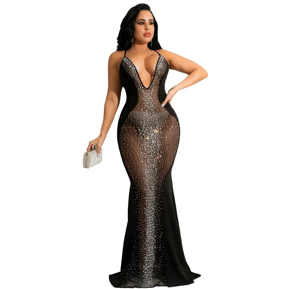 2022 New Fashion Damen Mesh Strass Maxi kleid Frauen Sexy Club Party Ärmelloses V-Ausschnitt Abend Ballkleid Langes Kleid