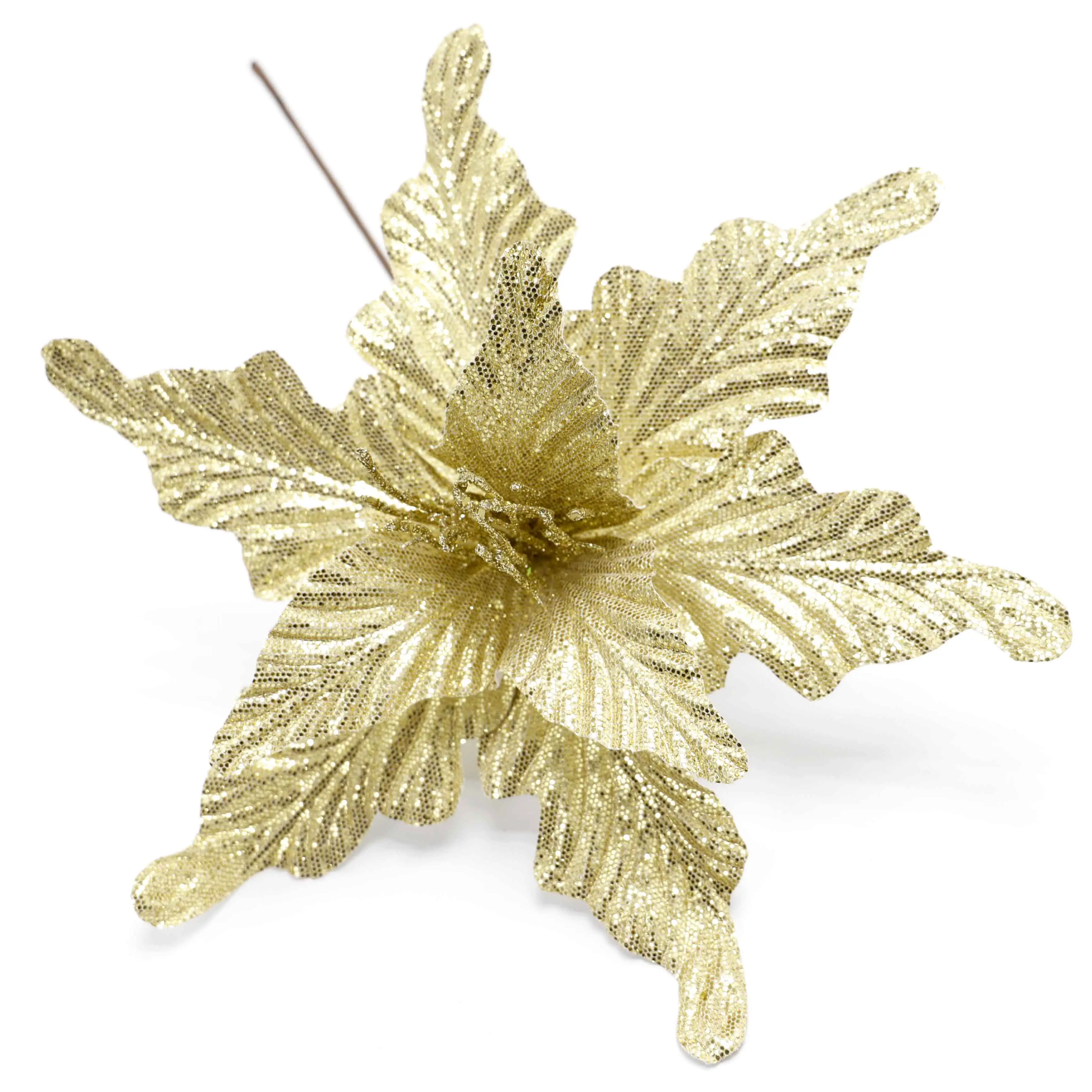 Factory Price Artificial Flower Gold Christmas Holiday Home Decor Xmas Tree Decoration Sequined Fabric Poinsettia