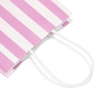 Sac en papier kraft blanc de haute qualité, sac cadeau rayé rose pour cadeau, sacs en papier d'emballage personnalisés avec logo, avec poignées - Product Image 5