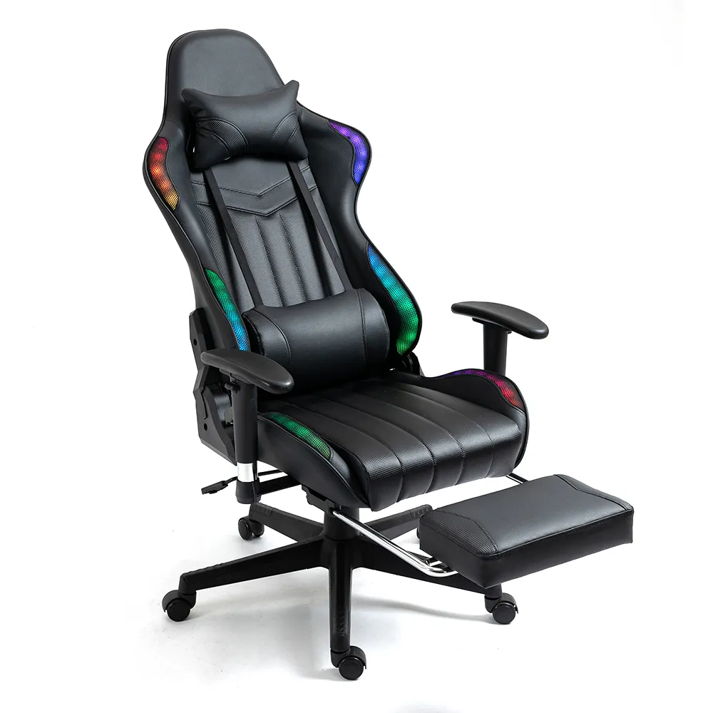 Vente en gros Chaise de jeu ergonomique pivotante réglable en cuir Pu pour ordinateur avec repose-pieds et lumière LED