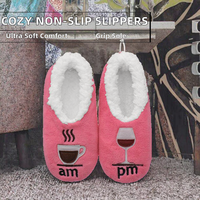 Chaussettes-pantoufles décontractées pour femmes, couleur vin - Super douces, confortables, antidérapantes, doublure polaire, pantoufles d'hiver pour la maison (Rose L Grand) Cadeau Café