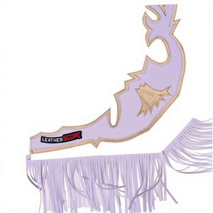 Nabtay Sports Genuine <b>Leather</b> Rodeo Western Bull Riding Chaps Flame Pattern Cross Inlay Hand <b>Tooled</b> Belt White Gold Fringe Men - Product Image 2