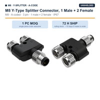 Konektor Splitter Tipe Y M8 Tanpa Pelindung 1 Male 2 Female Berkode A 3 Pin Adaptor Sensor IP67 Tahan Air 3A 60V Steker Penerbangan CE