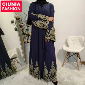 1495# Hot Selling Modest Navy Blue Abaya With Stunning Gold Lace Edging Occasion Abayas Dubai Sizes