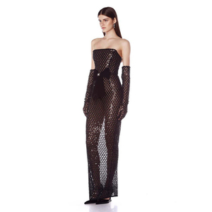 Vestido largo sexy de encaje con lentejuelas estilo europeo para mujer, con hombros descubiertos y top sin mangas ajustado, para ocasiones formales. - Product Image 2