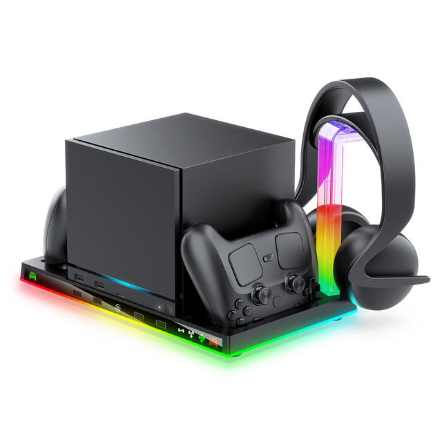 New All in One Cooling Charging Station RGB Light Controller Charger Dock with Headphone Stand Game Console Storage Bracket