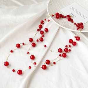 Guohaoshipin Multi Layer Red Imitation Pearl <b>Necklace</b> <b>Long</b> Chain Ball Shape Party Fashion Jewelry Women's Accessory - Product Image 2