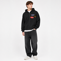 Sweat à capuche zippé personnalisé noir avec broderies et écussons, coupe oversize, en molleton de coton épais, style streetwear, vente en gros