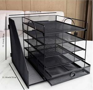 5-Tier Metal Paper Letter <b>Organizer</b> with <b>File</b> Holder Desk <b>Organizer</b> with Drawer Mesh Desktop Storage with Magazine Holder - Product Image 2