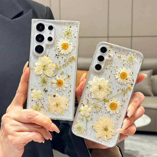 Flower Glitter Real Flower Luxury Transparent Phone case for Sumsung Galaxy S25 Ultra Custom Design Phone Cover for S24 S23 Plus