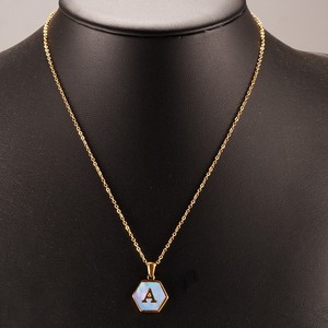 Zogxin Hexagon Pendant Necklace Stainless Steel Blue Shell Letter <b>Initial</b> Jewelry For Women - Product Image 3
