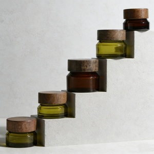 Unique Shape 15g 30g 50g Amber Olive Green Slant Shoulder Cosmetic Cream <b>Jar</b> Wide Mouth <b>Glass</b> <b>Jar</b> <b>with</b> <b>Wood</b> Screw <b>Lid</b> - Product Image 2