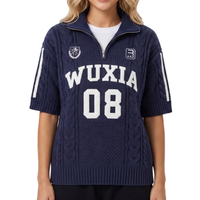 Pull décontracté à manches courtes en maille marine avec logo brodé blanc, col demi-zip, personnalisable, tricoté pour femme et unisexe