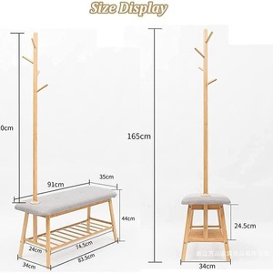 Bamboo <b>Coat</b> Stand With Bench Shoe Rack And 4 <b>Hooks</b> Entryway Storage Furniture - Product Image 2