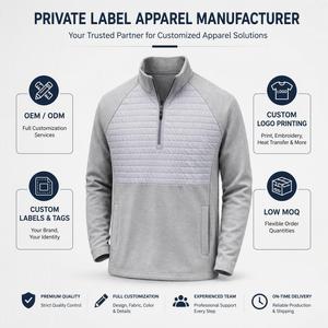 Men Heather Gray Quarter Zip Stand Collar Pullover <b>Sweatshirt</b> Raglan Sleeve <b>Quilted</b> Chest Panel Casual Regular Fit Winter Wear - Product Image 3
