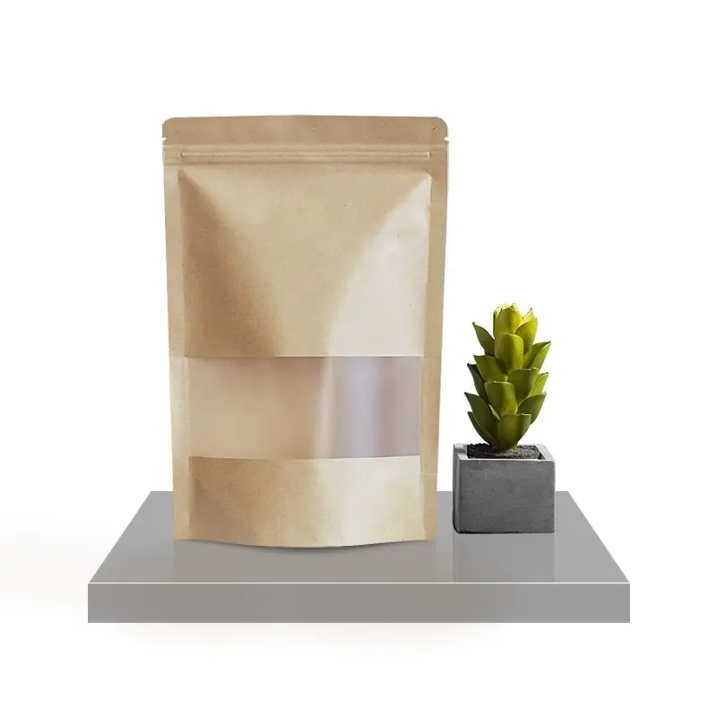 2024高速配送食品グレードスタンドアップジップロックジッパー包装ポーチ生分解性クラフト紙袋透明窓付き