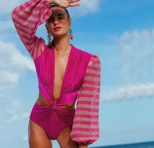 Nieuwe Stijl Vrouwen Resort Wear Breien Lange Mouwen Beachwear Sexy Kriskras Bikini Set Badpak Plus Size Vrouwen Badpakken