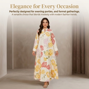 Elegant Floral Print Muslim Maxi Dress for Women Long Sleeve Modest A Line Polyester <b>Kaftan</b> Casual Occasion Wear - Product Image 5